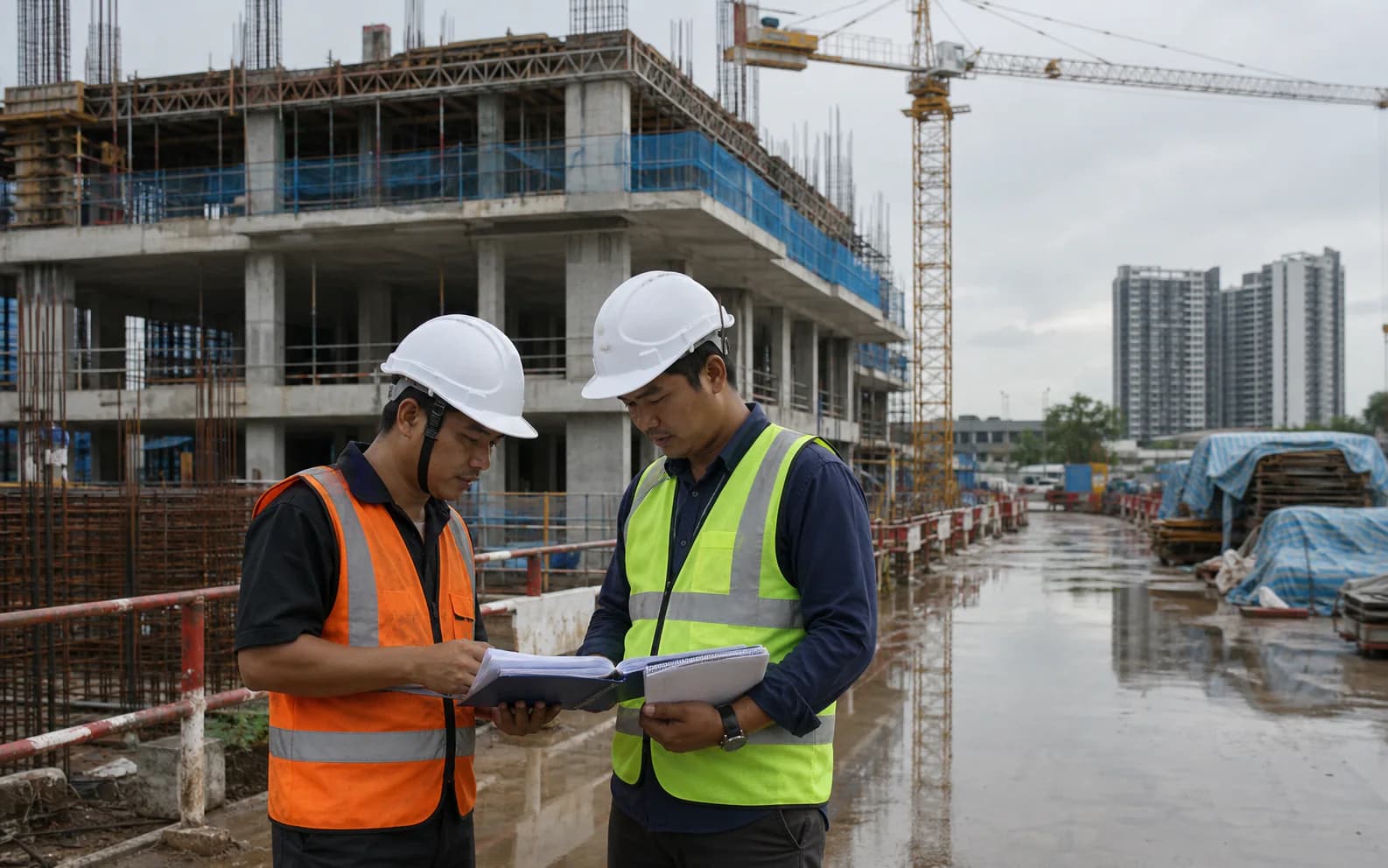 Two site engineers reviewing a programme and delay record after rain on a Malaysian construction site